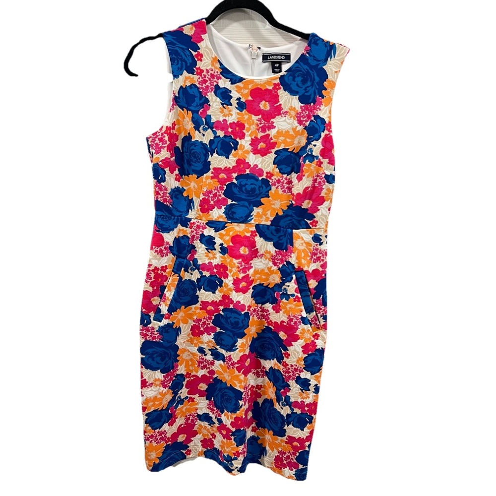 Lands’ End Sleeveless Ponte Sheath Dress Hot Pink Floral Print Size 4P NWT